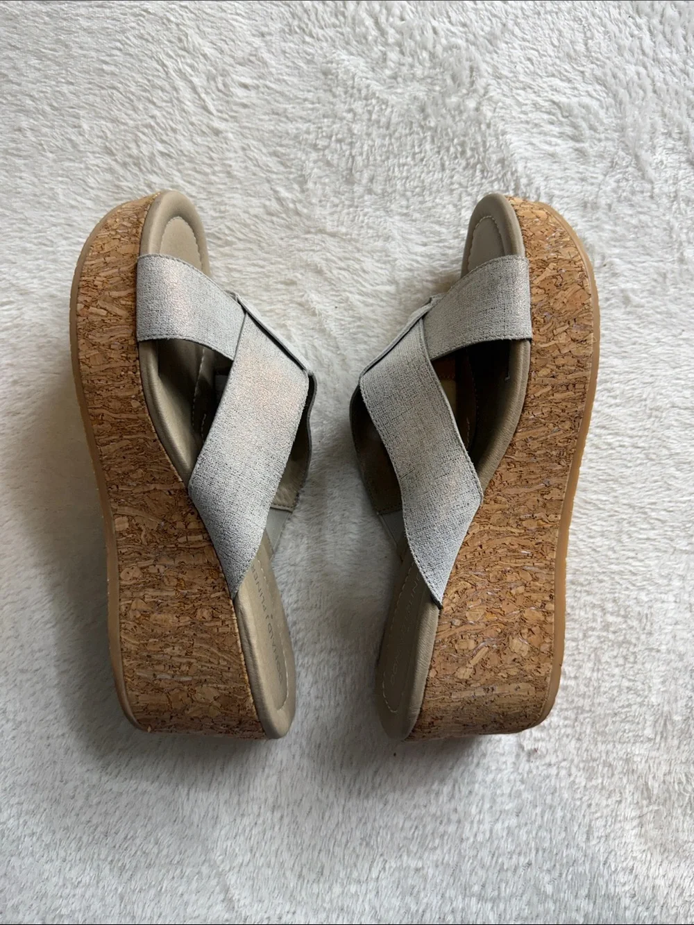 Donald J Pliner Shima Beige Grey Shimmer Cork Wedge Slide Sandals Size 8.5